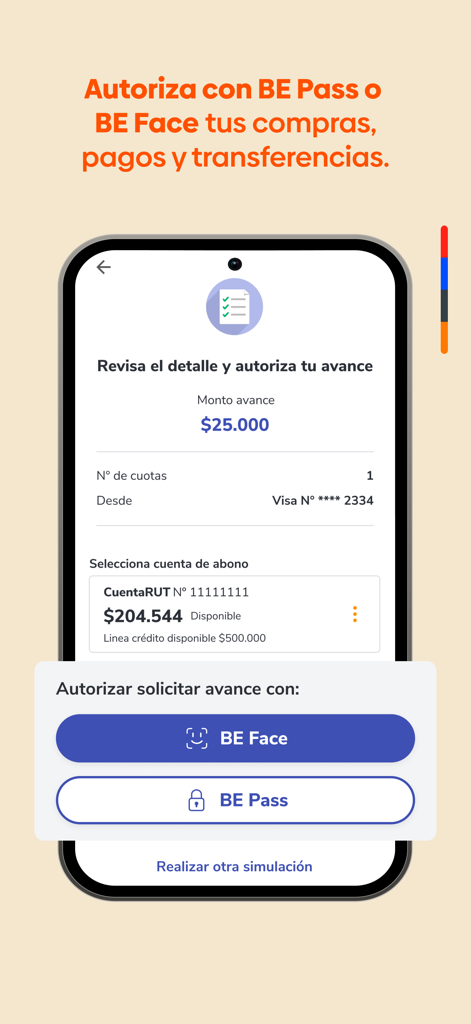 BancoEstado app interface for authorizing transactions with BE Face and BE Pass