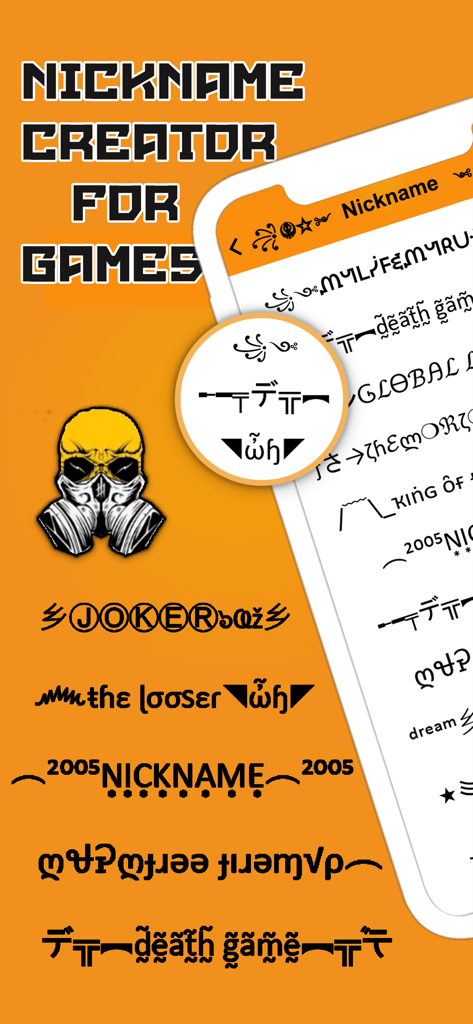 Nickname Creator: Fancy Tex‪t - Nickname Creator app interface showing various fancy text styles and symbols for gaming nicknames