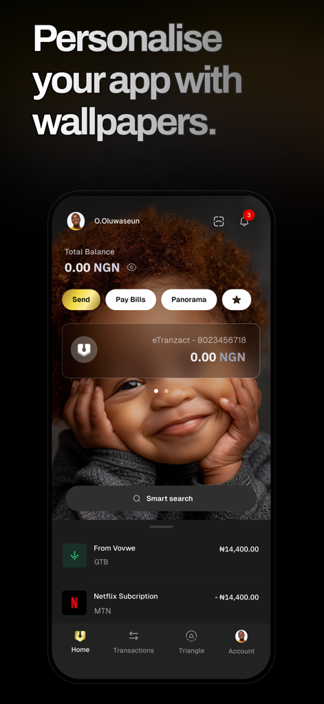PocketMoni - Interfaz de la aplicación PocketMoni que muestra una pantalla de inicio personalizada con un fondo de pantalla fotográfico personalizado