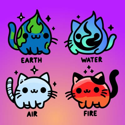 4 cats that represent the different elements, earth, water, air, and fire