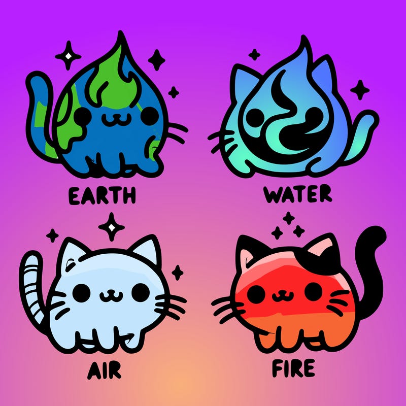 4 cats that represent the different elements, earth, water, air, and fire