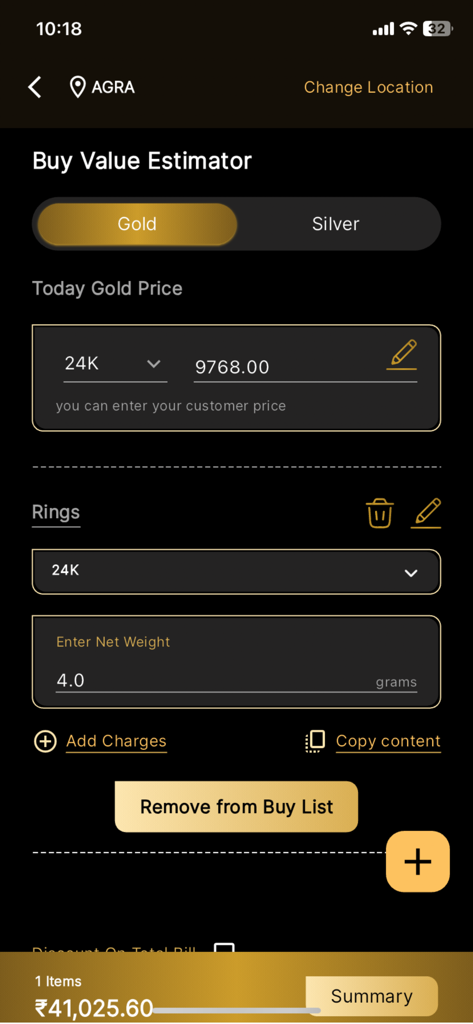 Gold Rate Today - India Live - Interfaz que muestra el estimador de valor de compra de joyería de oro en la aplicación Gold Rate Today