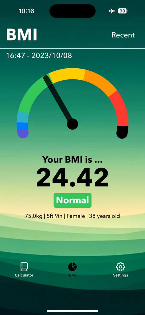 Smart BMI & Health Calculator - The interface of the Smart BMI app displaying a normal Body Mass Index score of 24.42 with a visual gauge.
