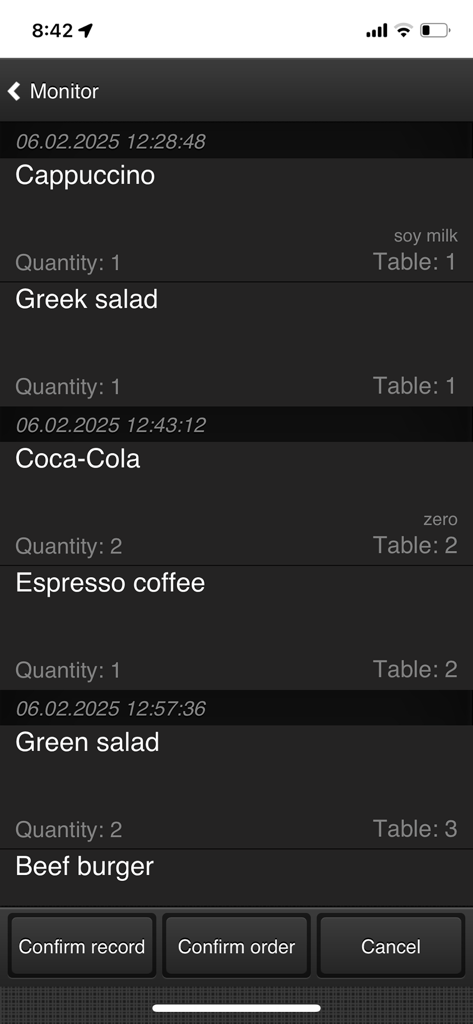 Screenshot of the MyWaiter app order monitor screen showing a list of food and drink orders with table numbers and quantities.
