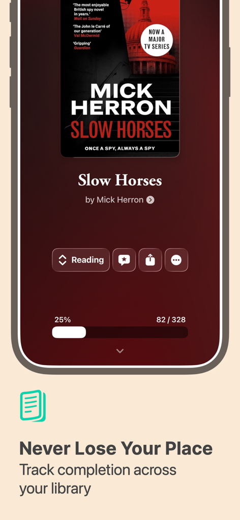 Interface of Storylines app showing the reading progress for the book Slow Horses by Mick Herron