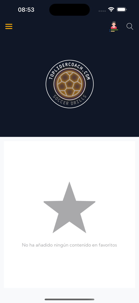 Empty favorites screen in the Toplidercoach soccer drills app with a large star icon.