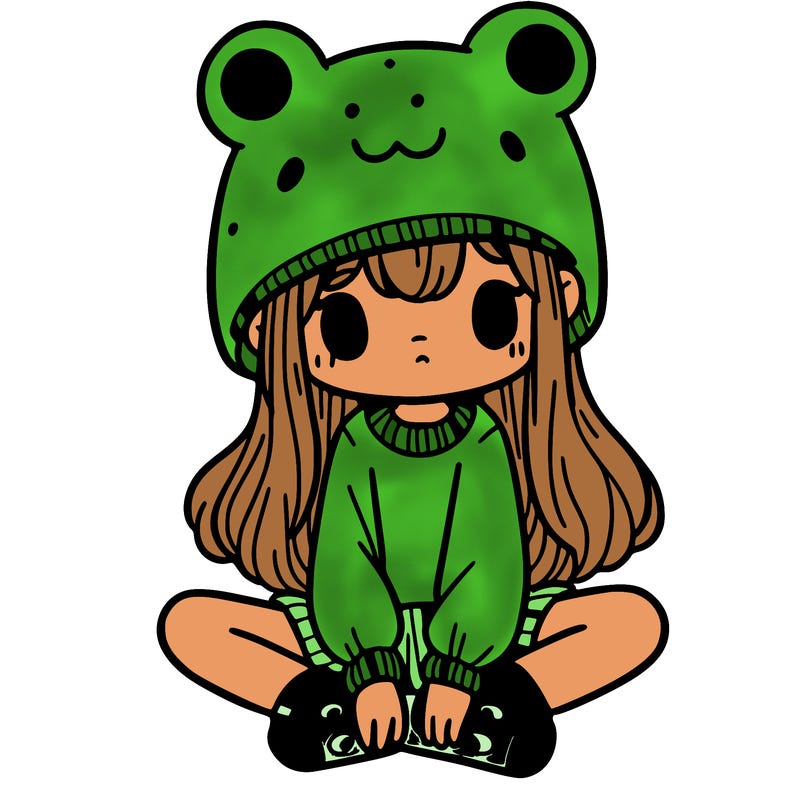 a girl wearing a frog hat and some frog socks