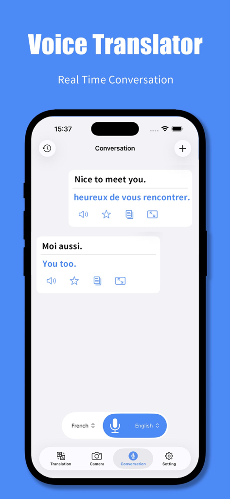 aTranslate - AI Translator - Un smartphone que muestra la función de traductor de voz de la aplicación aTranslate con diálogo en inglés y francés
