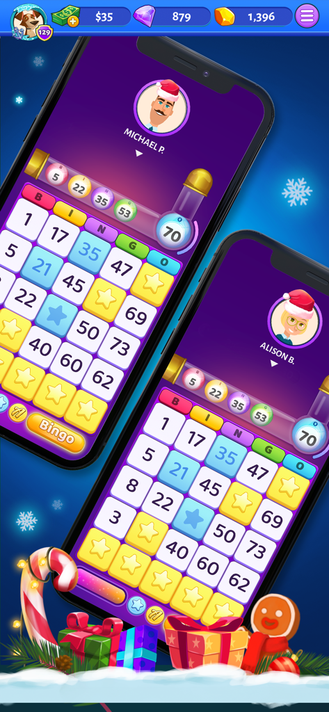 Deux téléphones mobiles affichant le jeu Bingo Cash sur le thème de Noël avec des profils de joueurs.