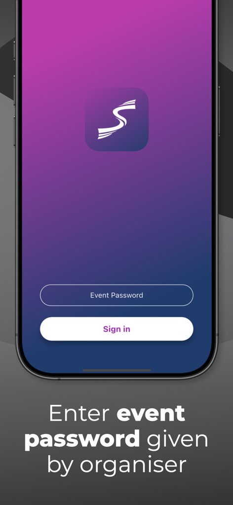 Sportity - Sportity mobile app login screen with event password entry and sign in button