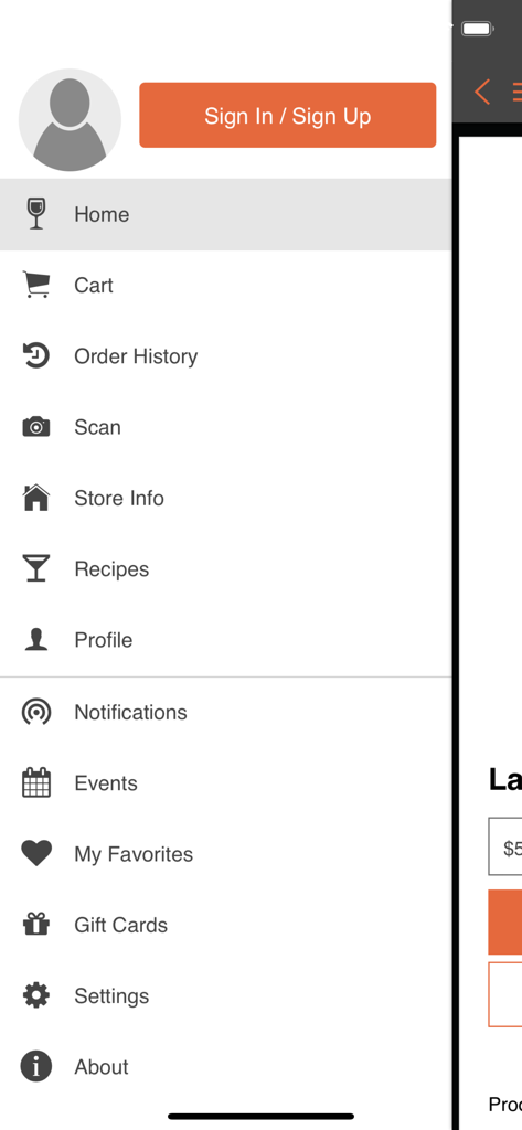BWS BEVERAGE - Sidebar menu of the BWS BEVERAGE app featuring links to home cart order history and recipes