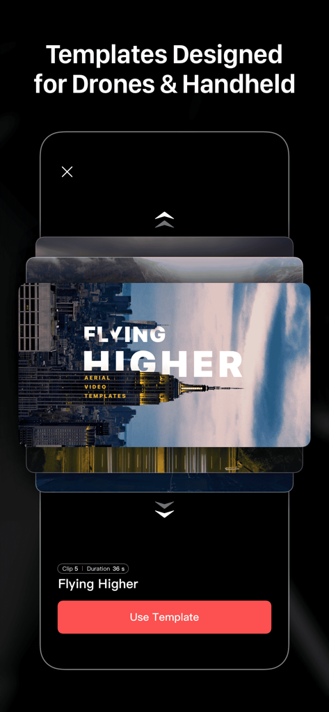LightCut app interface displaying aerial video templates for drone and handheld footage