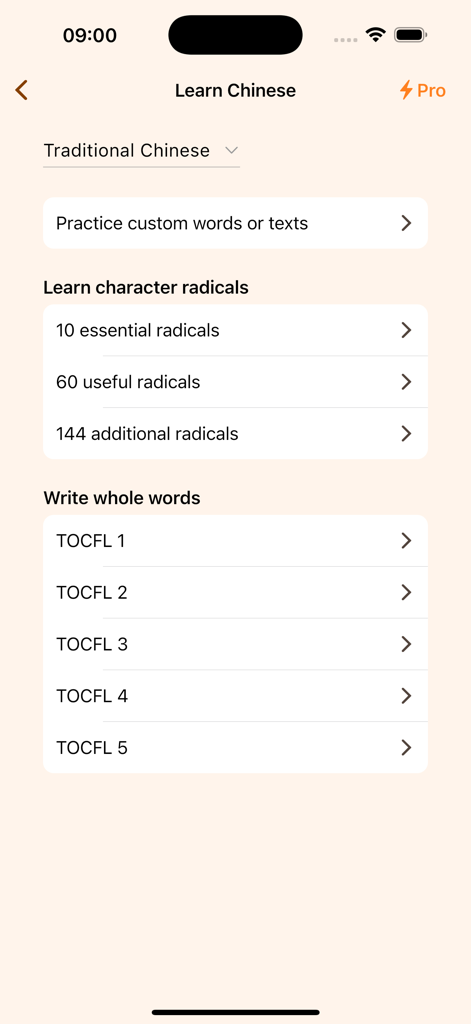 Tao Day: Chinese Writing - Tao Day app interface showing options to learn Chinese radicals and TOCFL vocabulary