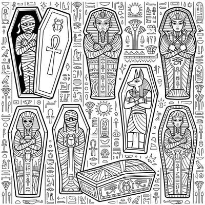 Delve into the fascinating world of Ancient Egypt with this intricate sarcophagus mummies coloring page. Explore detailed hieroglyphs, ornate coffins, and wrapped figures ready for your creative touch.