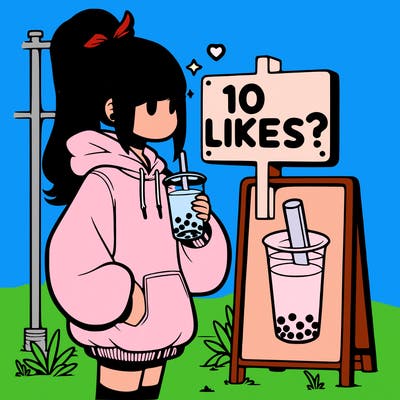 girl with oversized hoodie drinking boba and she has a high ponytail with a sign that says 10likes?