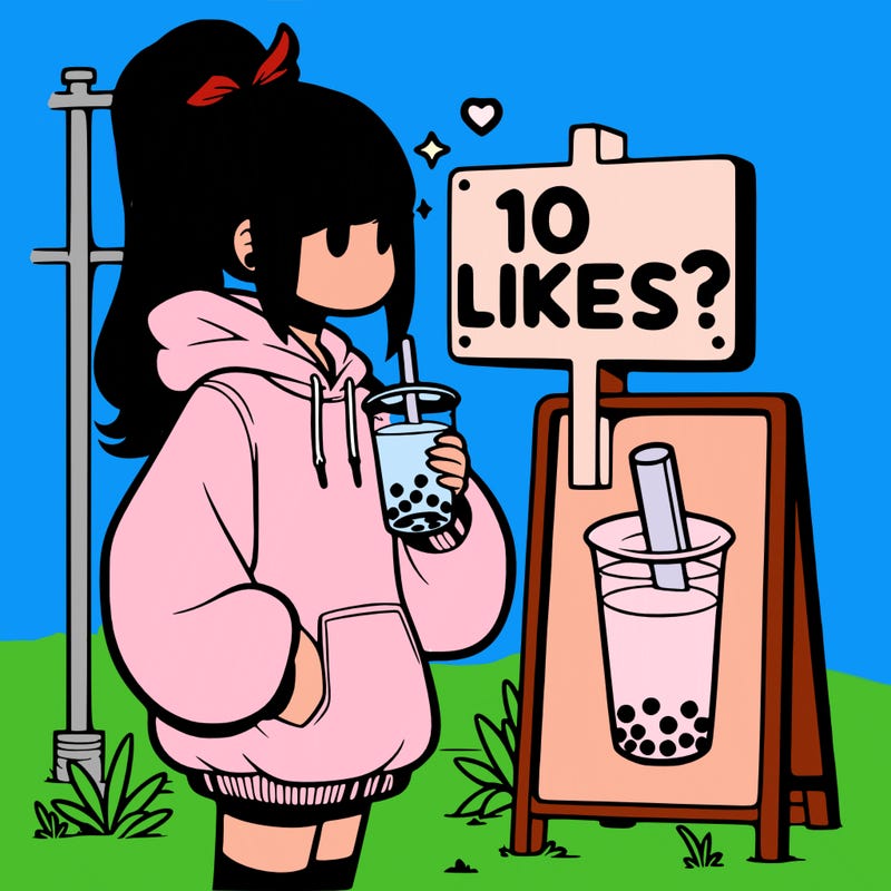 girl with oversized hoodie drinking boba and she has a high ponytail with a sign that says 10likes?