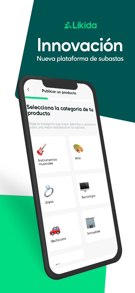 Likida - Interface of the Likida auction app showing product categories like technology and jewelry for listing an item.