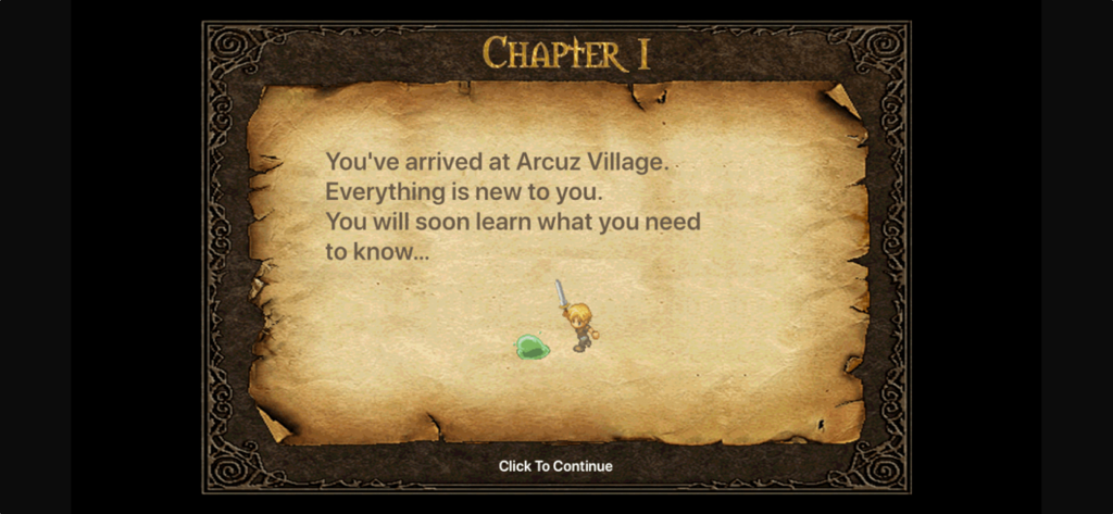 Écran d'introduction du chapitre 1 d'Arcuz Behind the Dark montrant un héros et un slime vert sur un fond de parchemin.