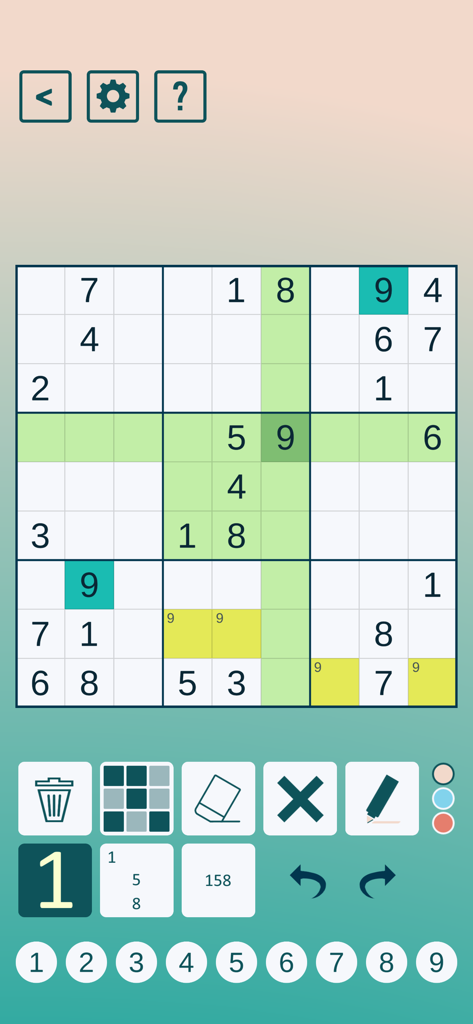 A gameplay screenshot of the Classic Sudoku app showing a puzzle grid with highlighted cells and various logic tools.