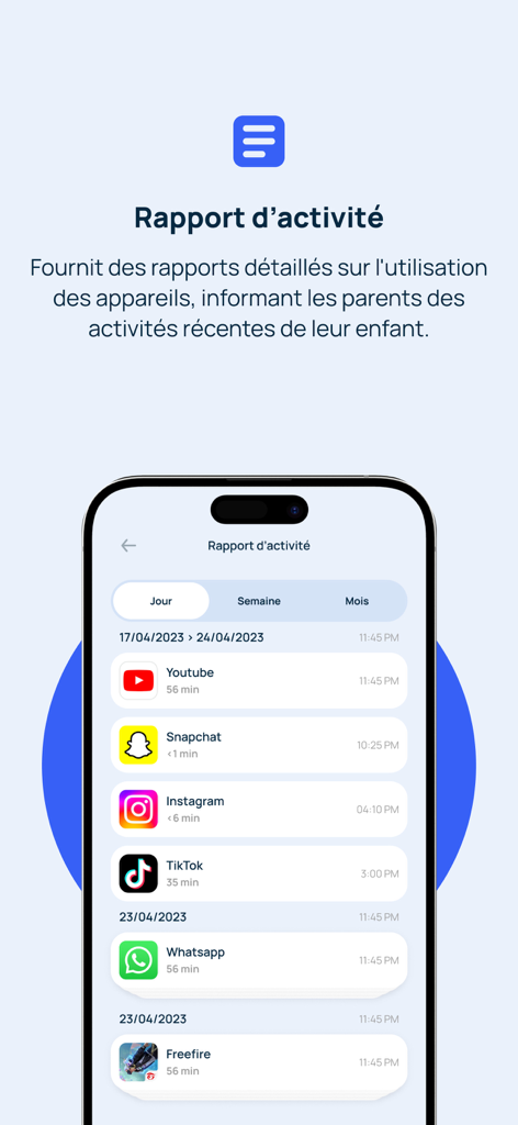 Kidcare : Contrôle parental - Interfaz de la aplicación Kidcare que muestra un informe detallado de la actividad del tiempo de pantalla de un niño en varias aplicaciones de redes sociales y videos