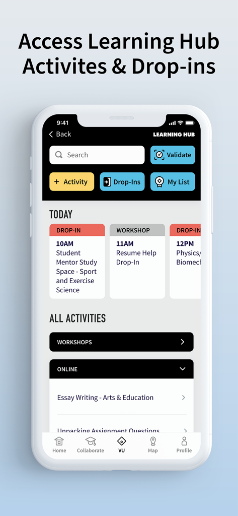 Victoria University App Learning Hub screen showing activities and drop-in sessions