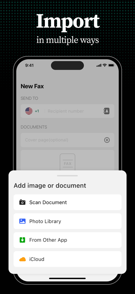 Tiny Fax: Send Fax From iPhone - Tiny Fax app screen showing multiple ways to import documents including scan and cloud storage