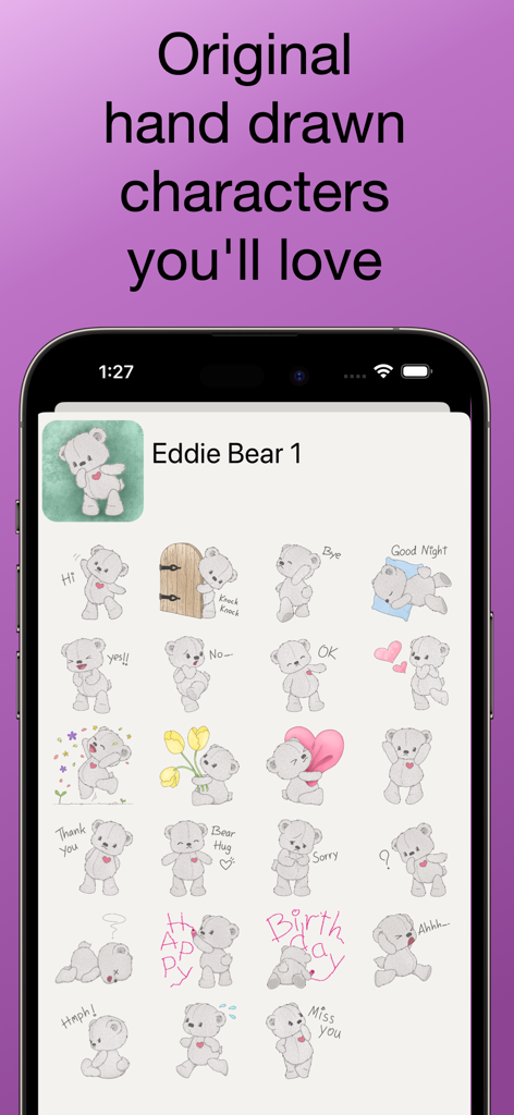 PT Sticker Shop - Una colección de lindos stickers de ositos de peluche dibujados a mano del paquete Eddie Bear 1 de la aplicación PT Sticker Shop.