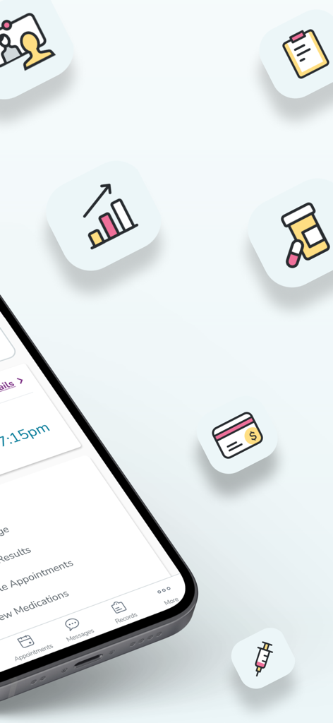 Smartphone displaying the MyUPMC app surrounded by medical icons for records, prescriptions and payments