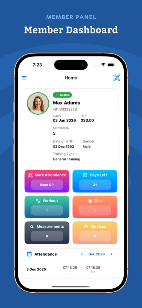 Gymzee : Gym Management App - Member dashboard of the Gymzee gym management app showing membership status and workout tools