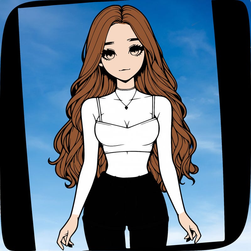a realistic girl with long hair and in a crop top and shprts