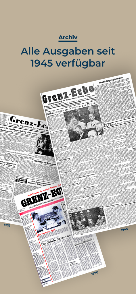 GrenzEcho App - Captura de ecrã da aplicação GrenzEcho a mostrar arquivos históricos do jornal desde 1945