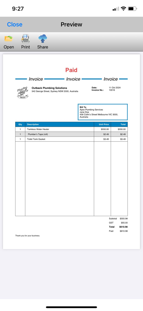 Brisk Invoicing - A preview of a professionally formatted paid invoice within the Brisk Invoicing mobile app showing itemized services for a plumbing business.