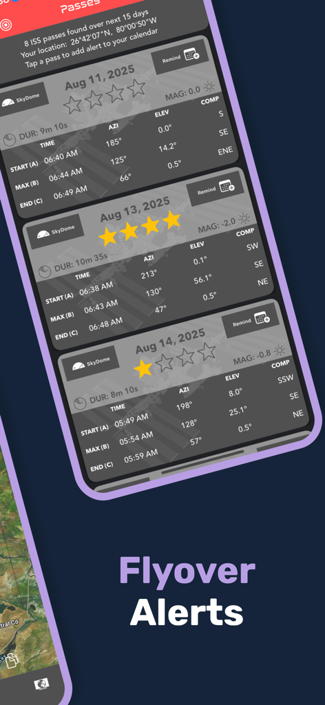 ISS Real-Time Tracker 3D - 星評価と天体観測用の詳細な通過アラートが含まれた、今後のISS通過リスト