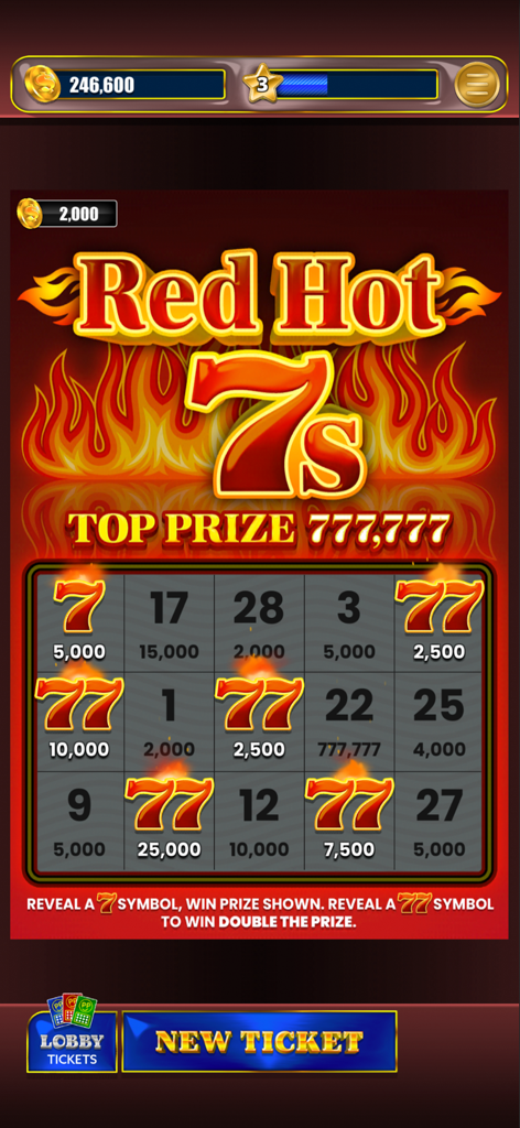 Lottery Scratchers - Digital scratch off ticket interface for the Red Hot 7s game within the Lottery Scratchers app