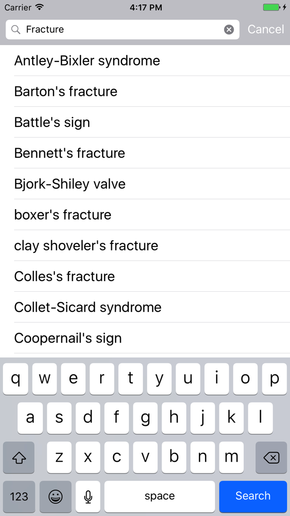 Interfaz de búsqueda de la aplicación médica que muestra una lista de epónimos relacionados con fracturas