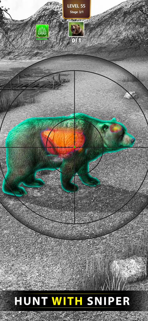 Sicht durch das Zielfernrohr eines Grizzlybären mit hervorgehobenen Vitalorganen im Spiel Animal Hunter Sniper shooter
