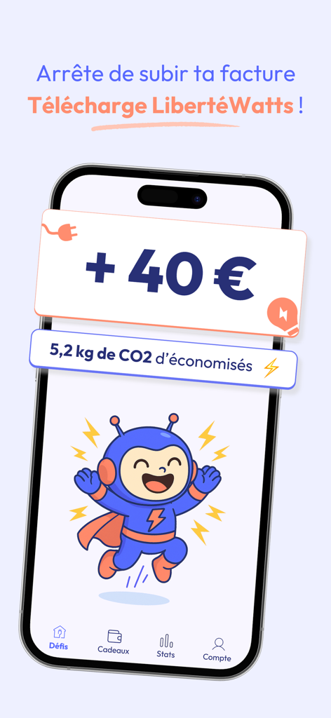 Smartphone displaying the LibertéWatts app interface showing earned rewards and CO2 savings