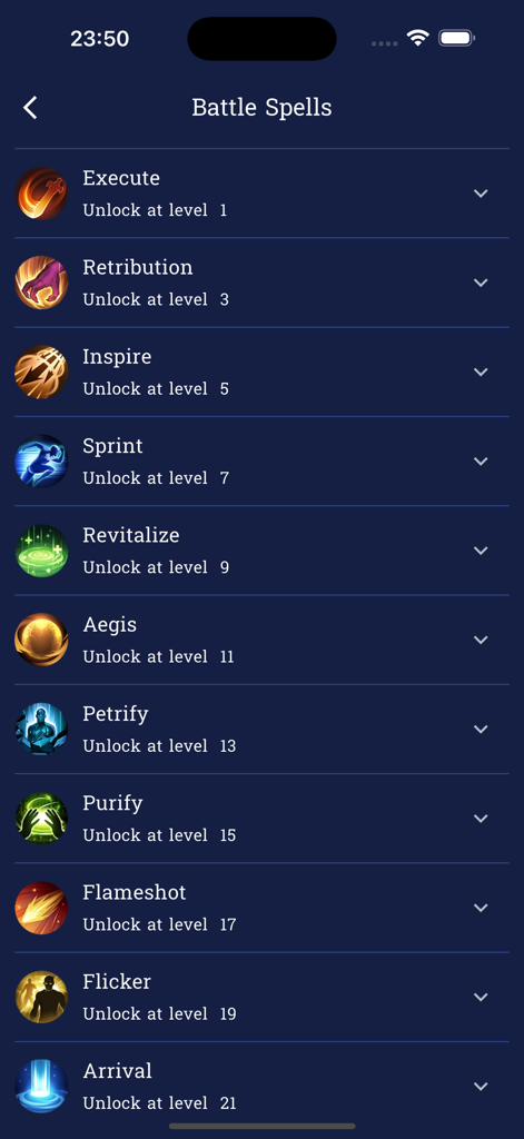 Nova Counter - Una lista de hechizos de batalla con sus niveles de desbloqueo correspondientes en la aplicación Nova Counter.