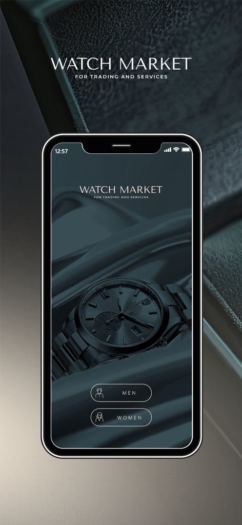 Watch Market App - Tela de boas-vindas do aplicativo Watch Market para negociação de relógios de luxo, com opções para homens e mulheres.