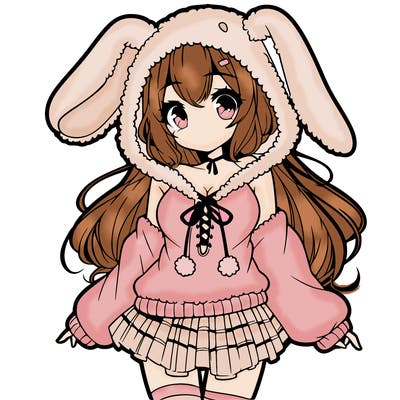 pretty anime girl wearing a fluffy hoodie with bunny ears on the hood and a skirt
