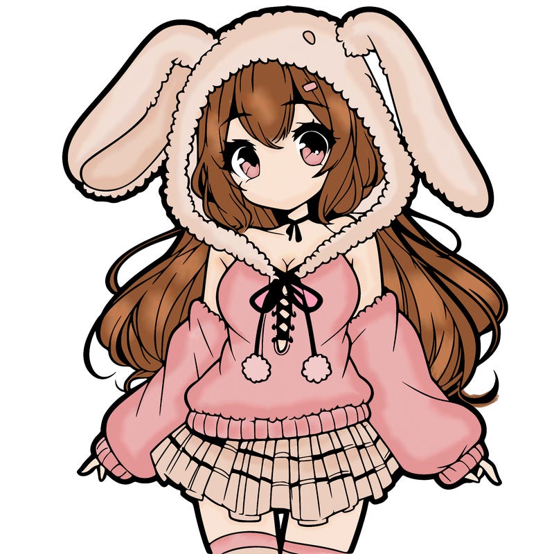 pretty anime girl wearing a fluffy hoodie with bunny ears on the hood and a skirt