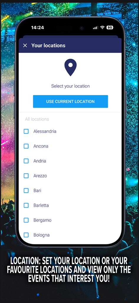 TicketOne - Captura de tela do aplicativo TicketOne mostrando a tela de seleção de local com uma lista de cidades italianas