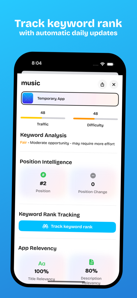 Radar App Keyword Optimization - Interface de l'application Radar montrant l'analyse des mots-clés pour la musique avec des données de trafic, de difficulté et de suivi de position.