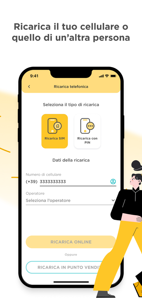 Pantalla de smartphone que muestra la interfaz de recarga de teléfono de la app Mooney con opciones de recarga de SIM y campos de entrada para el número de teléfono y el operador.