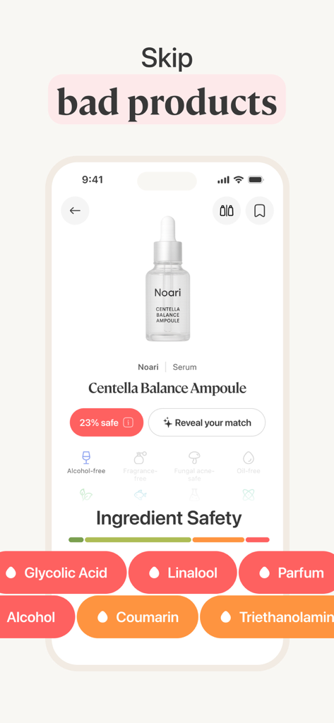 Lumi Skin:The Skincare Scanner - Lumi Skin app interface analyzing skincare product ingredients for safety
