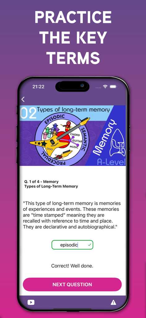 Psych Boost - Interfaz de la aplicación Psych Boost mostrando una pregunta de práctica de cuestionario sobre tipos de memoria a largo plazo