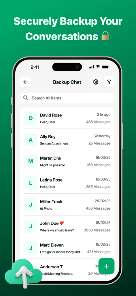 WAM - Recover Deleted Messages - WAM app interface showing a list of securely backed up chat conversations with contact names and message counts