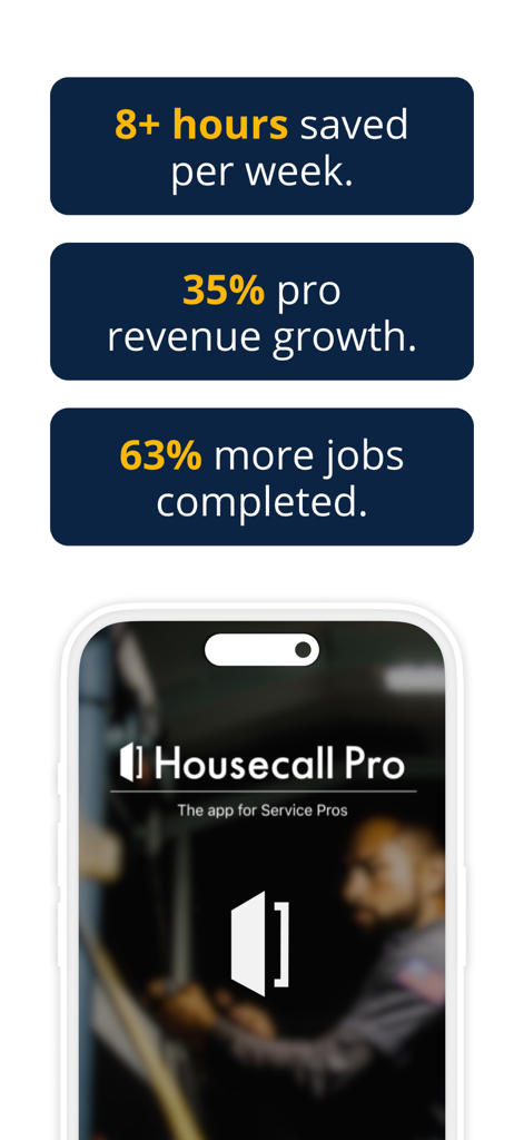 Housecall Pro: Field Service - Promotional screen for Housecall Pro showing business growth statistics including hours saved and revenue growth.