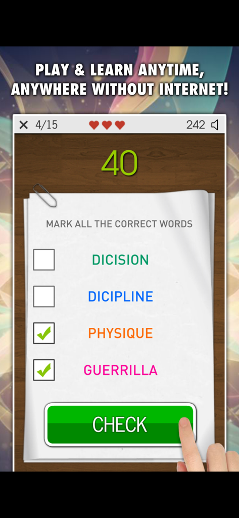 Spelling Master PRO 앱의 철자 퀴즈 인터페이스로, 사용자가 목록에서 올바르게 철자된 단어를 선택합니다.