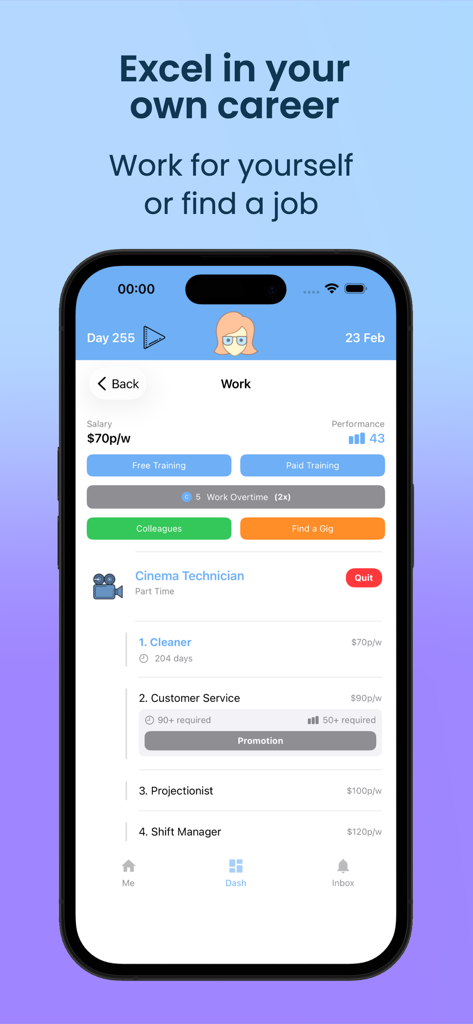 Life Sim app interface showing career options and job progression for a cinema technician